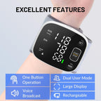 Blood Pressure Monitor Rechargeable Blood Pressure Monitors for Home Use Adjustable Automatic Wrist Cuff Voice Broadcast 2 * 120 Reading Memory for 2 Users with Carrying Case