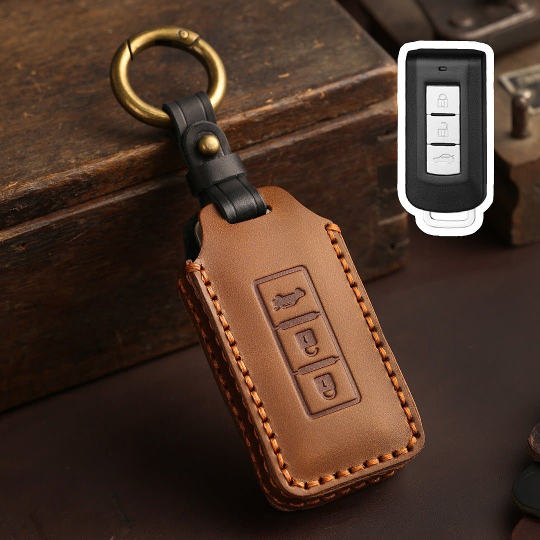 Étui de clé de voiture en cuir Mitsubishi à 3 boutons