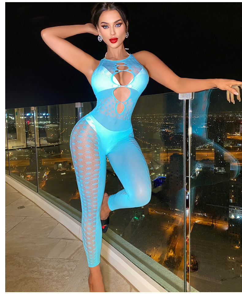 Collants taille haute sexy en maille transparente et dentelle ajourée