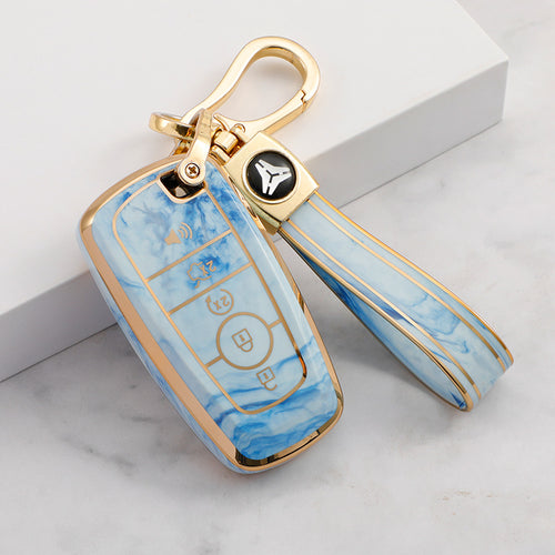 Carsine Ford Mustang Lincoln Car Key Case Gold Inlaid With Jade Blue / Key case + strap
