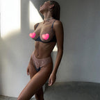 Colorblock lace mesh sexy lingerie two-piece set G string Thong