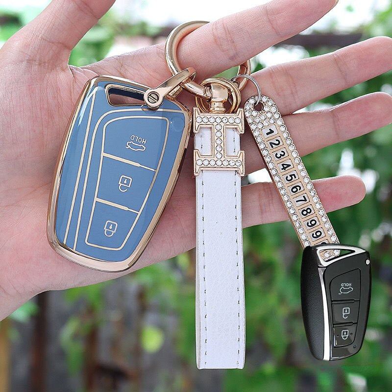 Carsine Hyundai Car Key Case Golden Edge Grey / Key case + strap