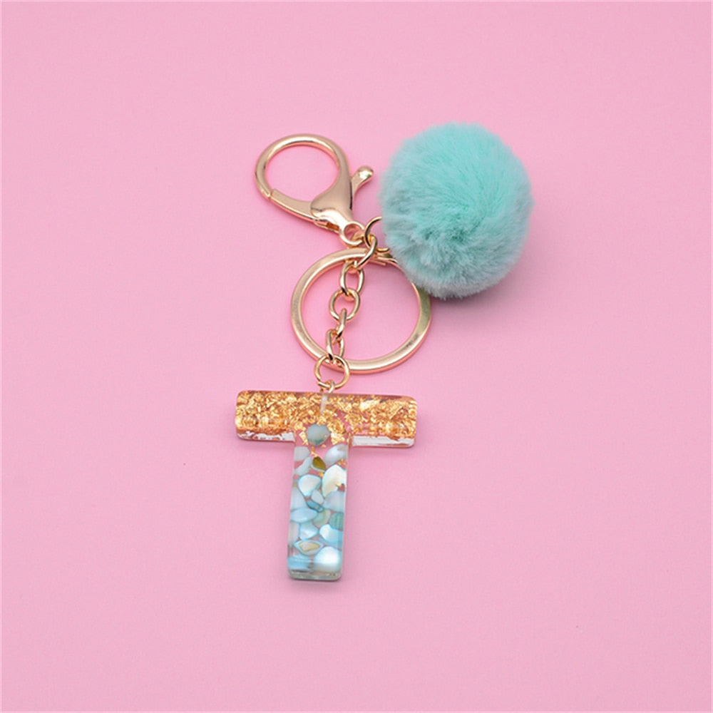 Carsine Green Pompom 26 Alphabets Keychain T